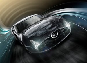 Front view of black sports car. Wire frame texture combined. 3D rendering image in original design.
