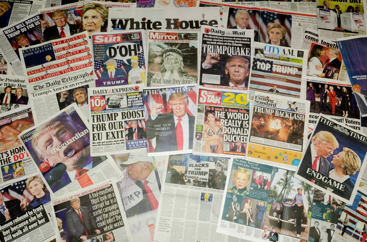London, England - November 10, 2016: British newspaper front pages reporting on the US presidential election result in which Donald Trump became the 45th president of the United States.